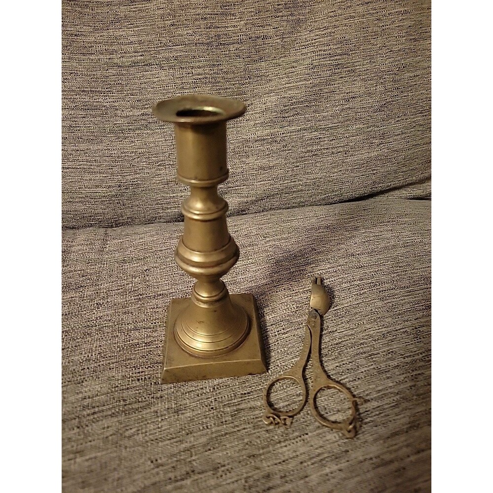 Vtg Antique Brass Candlestick And Snuffer 6" Candle Holder